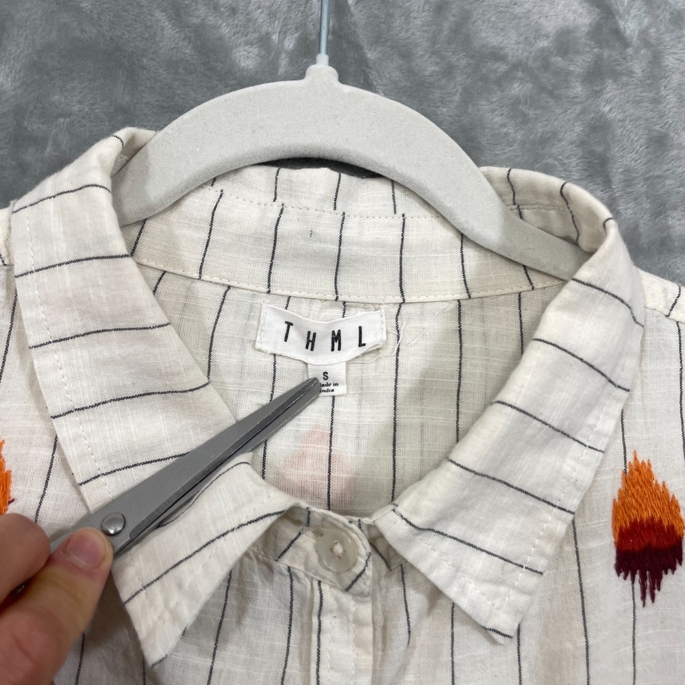 THML Striped Cotton Shirt Size S Flame Embroidered Boxy Flutter Sleeve Boho - Picture 3 of 6
